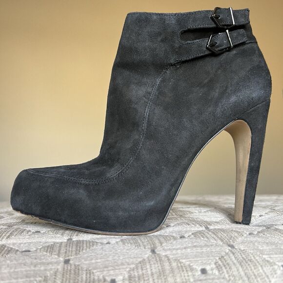 Sam Edelman Black Kit Suede Heeled  Ankle Booties Women 8 M Double Side Buckle - Picture 1 of 16